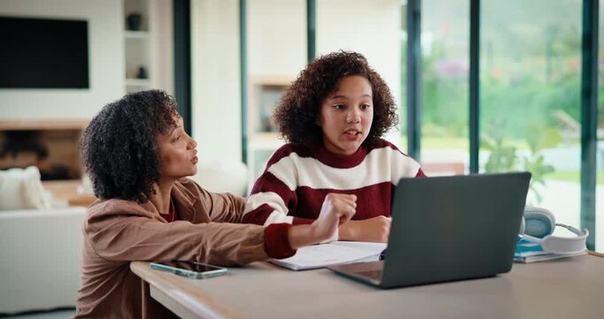 Help, mom and child on laptop with homework for online lesson, elearning and studying for test. Family, home and mother with girl on computer for virtual class, teaching and notebook for education