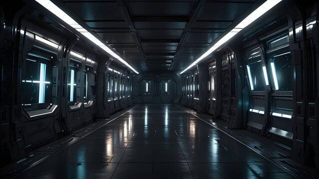 Dark Futuristic Sci-Fi Corridor with Blue Glowing Lights, Reflective Floor, and High-Tech Metallic Walls Perspective