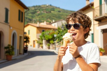 Young boy eating ice cream cone on sunny village street