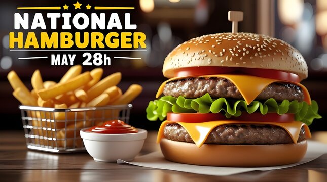 Celebrate national hamburger day delicious stacked burger with fries ketchup may 28th