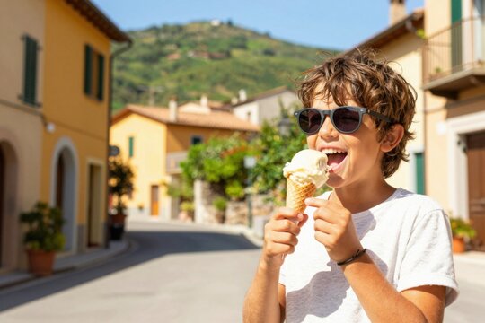 Young boy eating ice cream cone on sunny village street