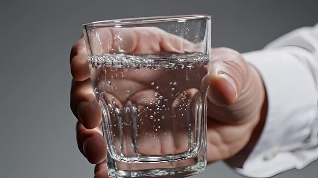 Close up of hand holding a glass of sparkling water.