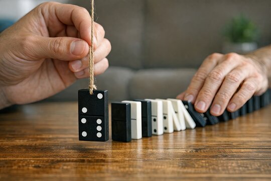A person engaged in a domino game, sitting at a wooden table