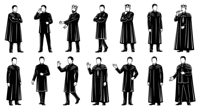 Royalty Black and White Illustration: Kingly Figures in Regal Attire, Stock Vector Art