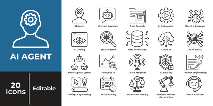 AI Agent Outline Icon Pack &ndash; Artificial Intelligence Monoline Vector Icons Set