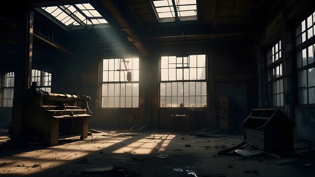 Ethereal sunlight beams through large grimy windows in a dusty, abandoned industrial factory building, empty dilapidated warehouse interior