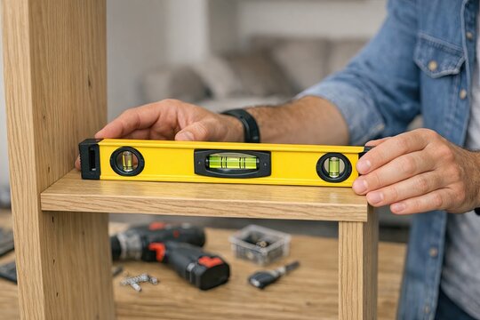 A person holding a level tool above a wooden shelf, great for architecture and construction scenes