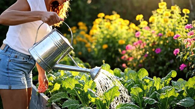 Woman Watering Lush Green Vegetable Patch with Metal Watering Can in Sunny Garden