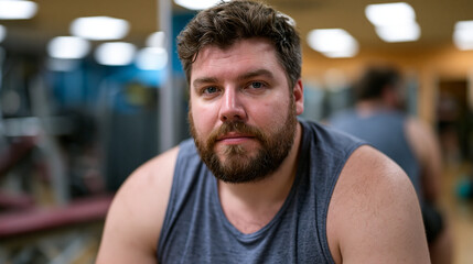 Obraz premium Man sitting on gym bench between sets, staring at his reflection in mirror with analytical but exhausted expression, weight loss mental marathon, self-assessment fatigue, internal dialogue in fitnes