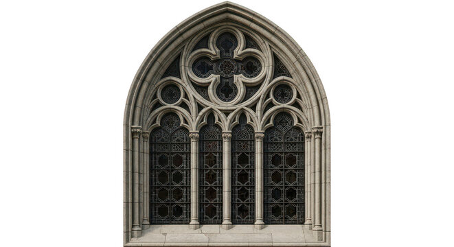 Gothic cathedral window with intricate stained glass design isolated on transparent background