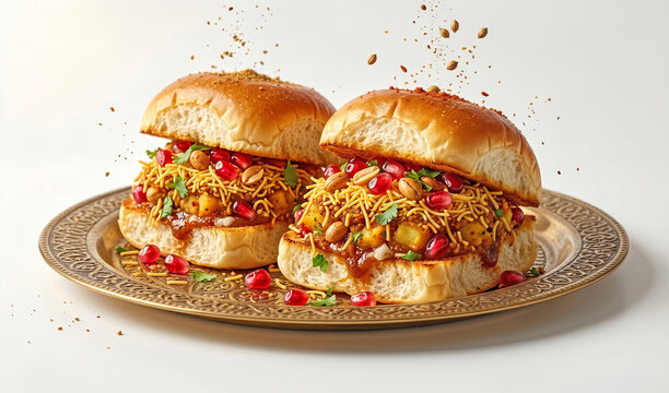 Luxurious Royal Kutchi Dabeli Plate with Crispy Sev, Pomegranate & Spicy Masala, Premium Indian Food