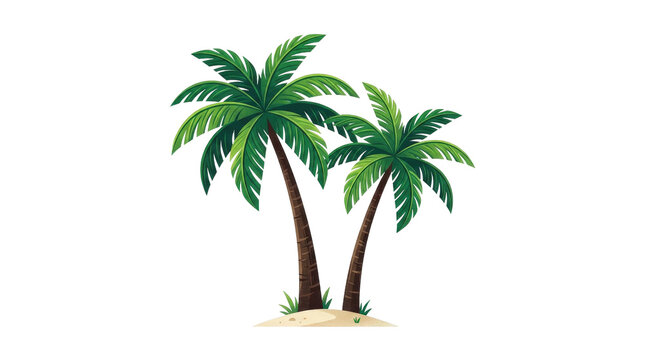 Of two palm trees with sandy base on dark background, green leaves brown