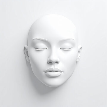 A serene white mannequin head with closed eyes is displayed against a plain background.