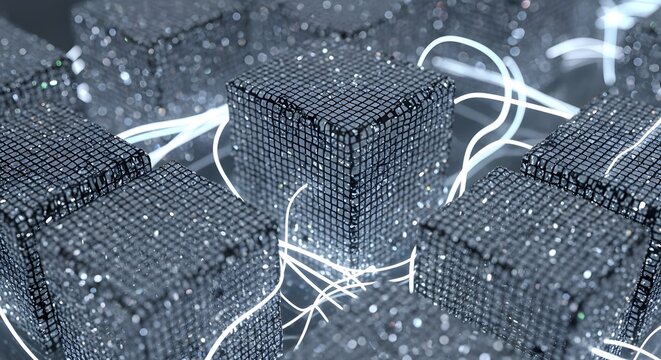 Abstract 3D Render of Sparkling Data Cubes and Glowing Fiber Wires