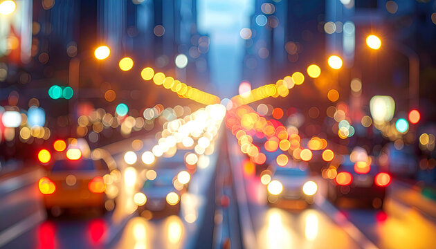 Cars drive on a blurred city street with colorful lights at night