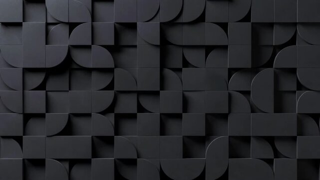Abstract dark geometric shapes arranged in repeating pattern, minimalist style on black background, concept of modern design