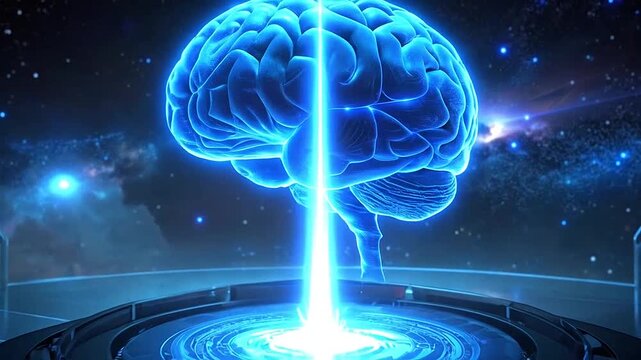 A glowing digital brain floats inside a futuristic space station