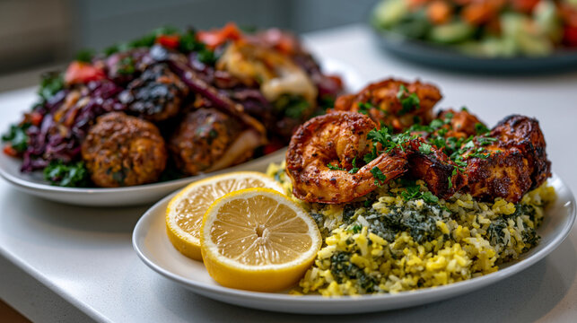 Two filled dinner plates side by side on kitchen counter, one restaurant-sized heaping portion and one controlled portioned serving for size comparison, portion distortion visual, nutrition educatio