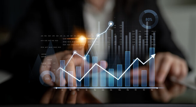 A professional expert analyzes financial data using advanced graphs and visual projections in a modern office environment, highlighting growth and success. Scalp