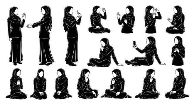 Muslim Women in Hijab Poses: Black  White Line Art Set for Islamic Prayer  Daily Life