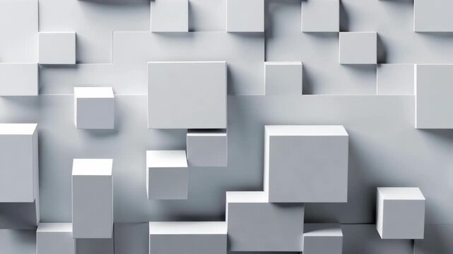 White geometric cubes arranged on a minimal clean wall in soft light, abstract composition on bright background, concept of simplicity