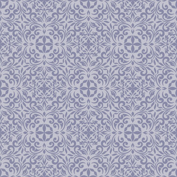 Soft blue damask seamless pattern background with delicate pastel grey floral arabesques for interior design.