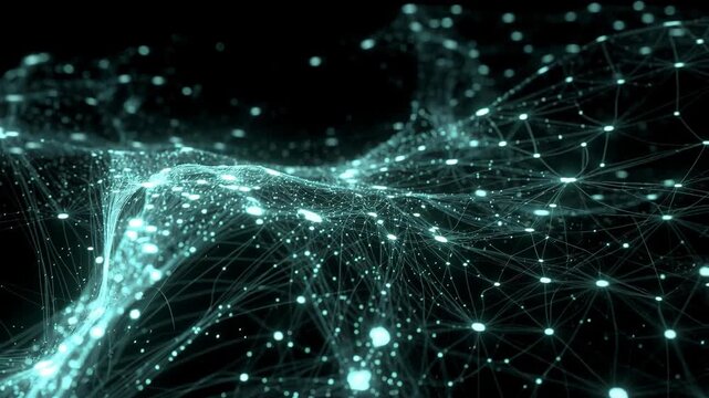 Glowing interconnected lines forming an abstract mesh on a dark background, illustrating a concept of digital connectivity