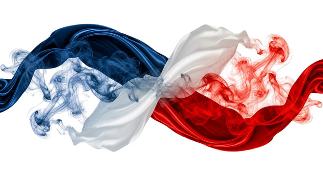 Colorful smoke swirls in blue white and red hues with dynamic flow on transparent background