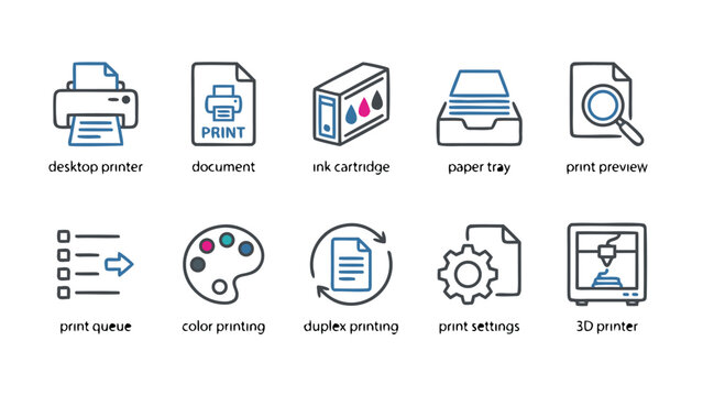 Set of 10 Professional Printing Icons Including Desktop Printer, Document, Ink Cartridge, Paper Tray, Print Preview, Queue, Color Printing, Duplex, Settings, and 3D Printer Vector Illustrations