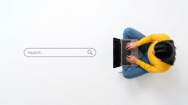Minimalist overhead view of a woman working on a laptop next to a digital internet search bar on a white background banner