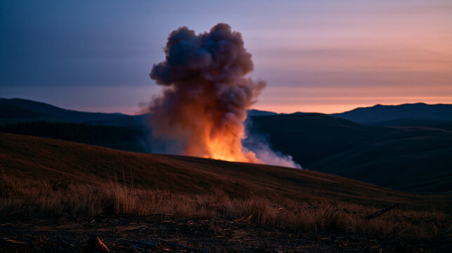 Lone wildfire smoke column rising above a parched summer hillside at dusk, distant rural landscape, environmental crisis documentation, climate change visual, conservation awareness, dramatic horizo