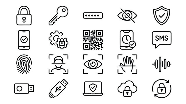 Set of 20 Thin Line Icons for Password Security, Multi-Factor Authentication, MFA, and Biometrics. Features Padlock, Key, Fingerprint, Face ID, Eye Scan, QR Code, SMS, Shield, and Cloud Safety.