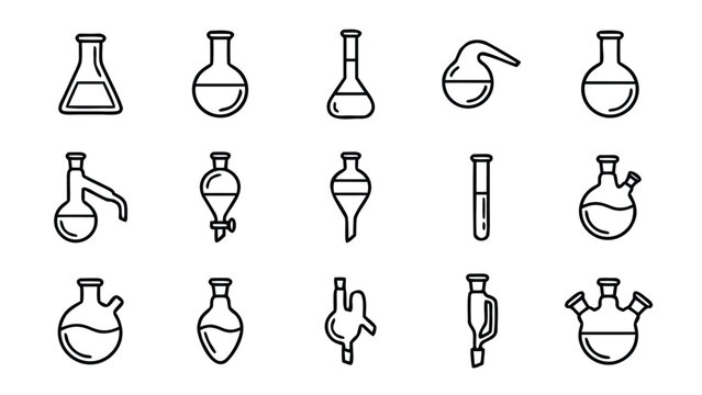 Minimalist Vector Icon Set of 15 Science Laboratory Glassware Items Including Erlenmeyer Flasks, Test Tubes, Retorts, and Separatory Funnels for Chemistry, Biology, and Medical Research Design.
