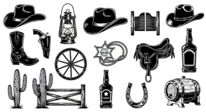 Wild West Cowboy Icons Set in Vintage Engraving Style. Western Saloon and Ranching Objects Collection