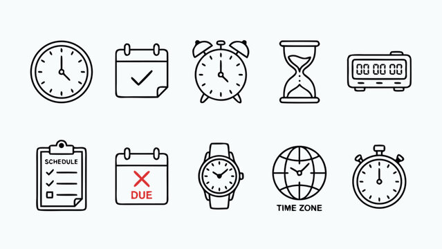 Set of 10 Minimalist Time Management Line Icons for Productivity and Scheduling, Featuring Wall Clock, Calendar, Alarm, Hourglass, Digital Timer, Schedule Clipboard, Deadline, and Stopwatch.