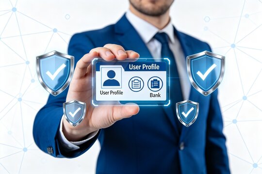 Businessman showing user profile with security shields