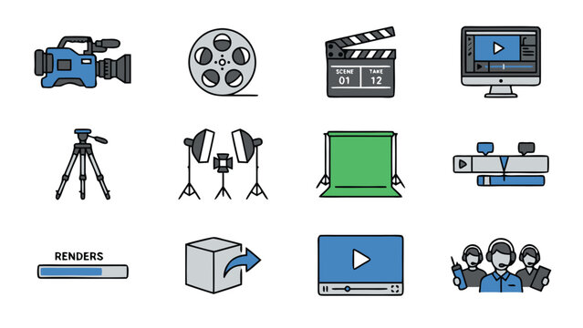 Professional Video Production and Filmmaking Icon Set Featuring a Digital Camera, Film Reel, Director Clapperboard, Video Editing Software, Tripod, Studio Lighting, Green Screen, and Media Crew.
