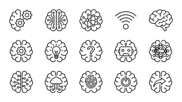 Set of 15 minimalist line art icons representing artificial intelligence, machine learning, and neural networks. Features brain symbols with gears, circuits, robots, cloud data, and smart ideas.