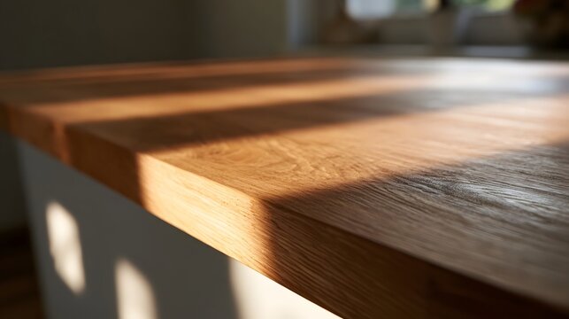 A close up view of a sleek wooden table surface illuminated by bright daylight creating a peaceful and warm atmosphere