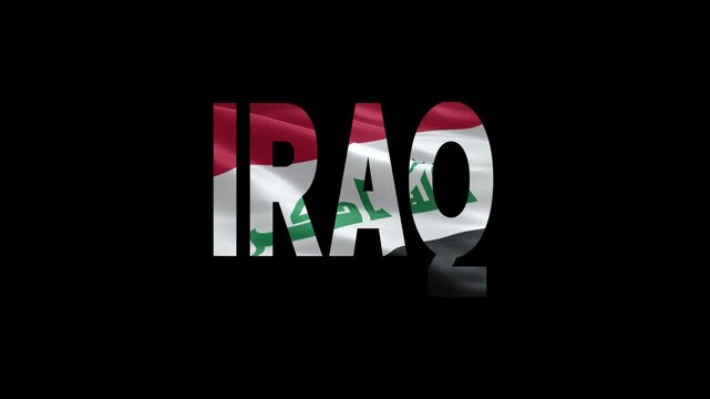 Iraq country name in 3D metallic letters with national flag colors and reflection on black background