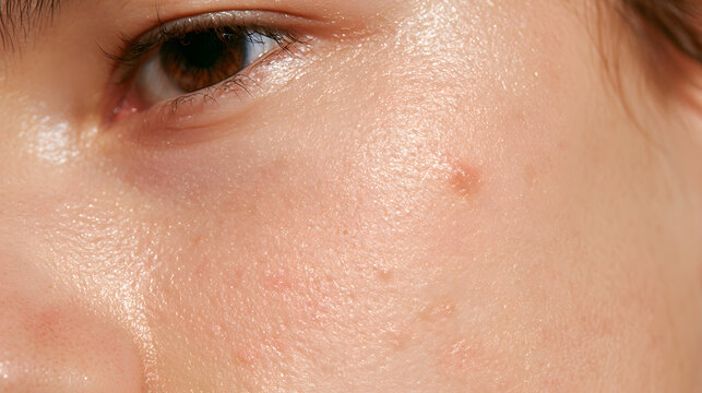 Close up portrait of a person with skin blemishes on their cheek and eye