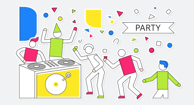 Fun party illustration dancing figures and dj setup with colorful confetti