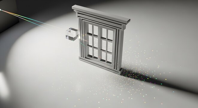 Conceptual 3D render of spectral light dispersion through window