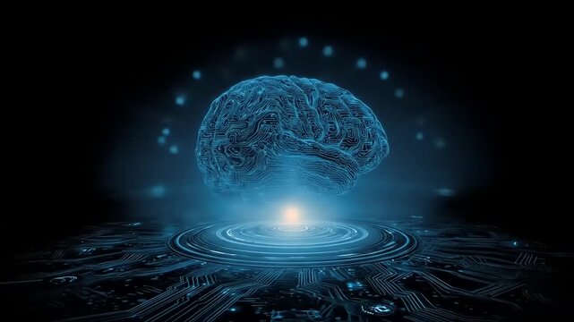 Illuminated digital brain structure hovering over glowing electronic circuit platform