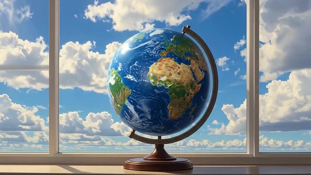 A detailed model globe sits on a ledge against blue skies