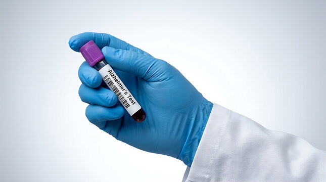 Medical professional wearing blue nitrile glove holding a blood sample vial for Alzheimer s disease diagnostic testing