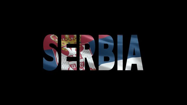 Serbia country name in colorful 3D letters with national flag textures and dark background