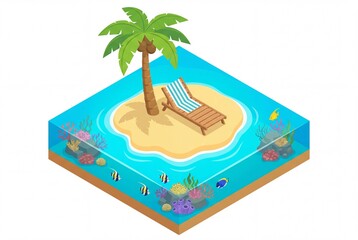 Obraz premium Isometric 3D illustration of tropical island with palm tree and lounge chair. Cross section of ocean with underwater coral reef and colorful fish. Summer vacation concept