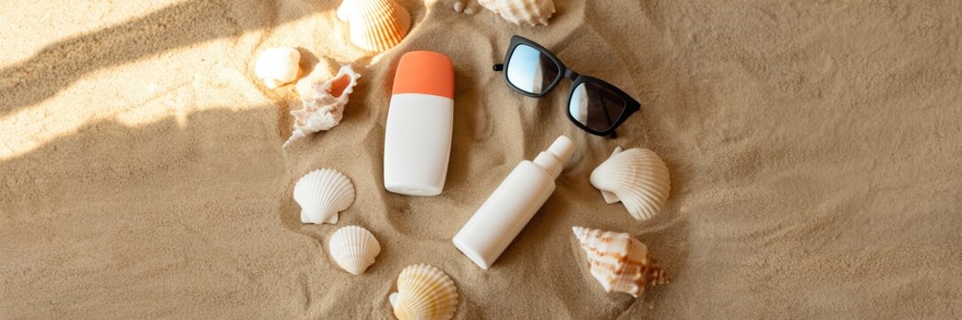 Sunscreen bottles and sunglasses on beach sand with seashells. Summer vacation skincare flat lay. Horizontal banner with copy space for text