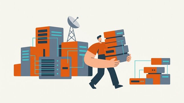 Abstract flat vector illustration of an IT engineer carrying servers representing cloud migration and data center management